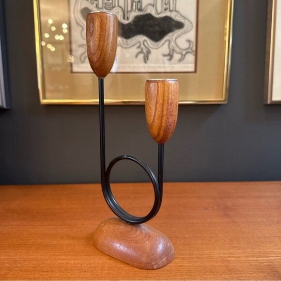 Giftcraft Vintage Teak and Iron Candle Holders 9H - Picture 6 of 10
